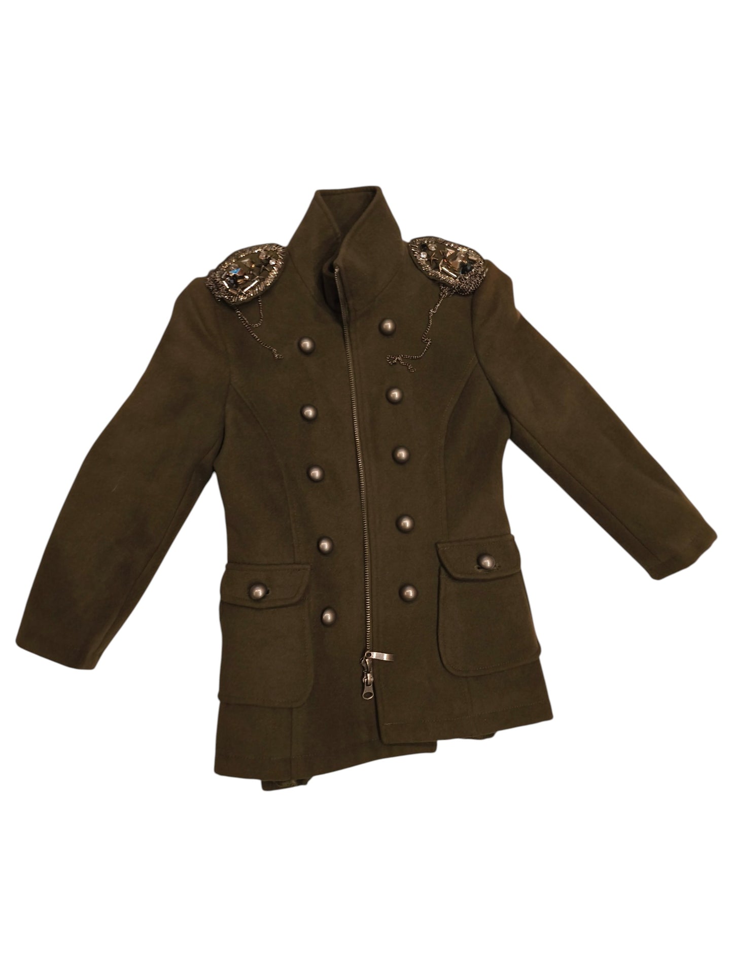 To Be Too Girls Military Coat Olive Green Embellished Pleated Back Size 26