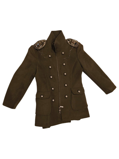 To Be Too Girls Military Coat Olive Green Embellished Pleated Back Size 26