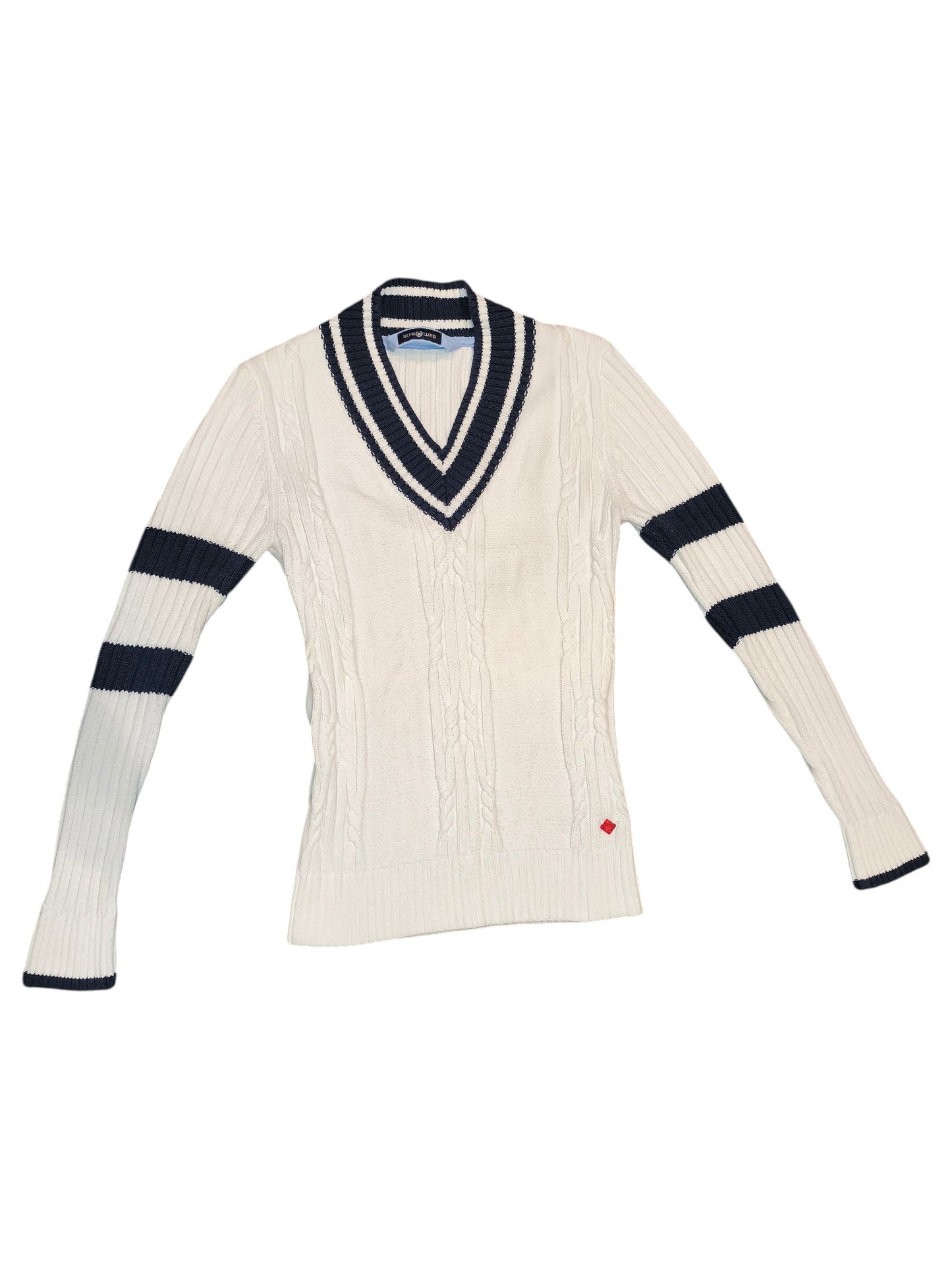 Henri Lloyd Men's V-Neck Cricket Sweater White Knit Blue Stripe Pullover Size M