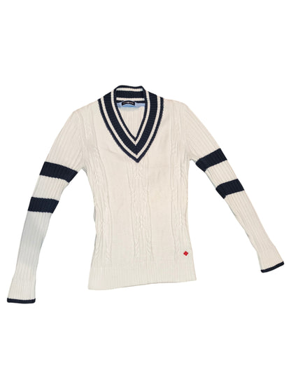 Henri Lloyd Men's V-Neck Cricket Sweater White Knit Blue Stripe Pullover Size M