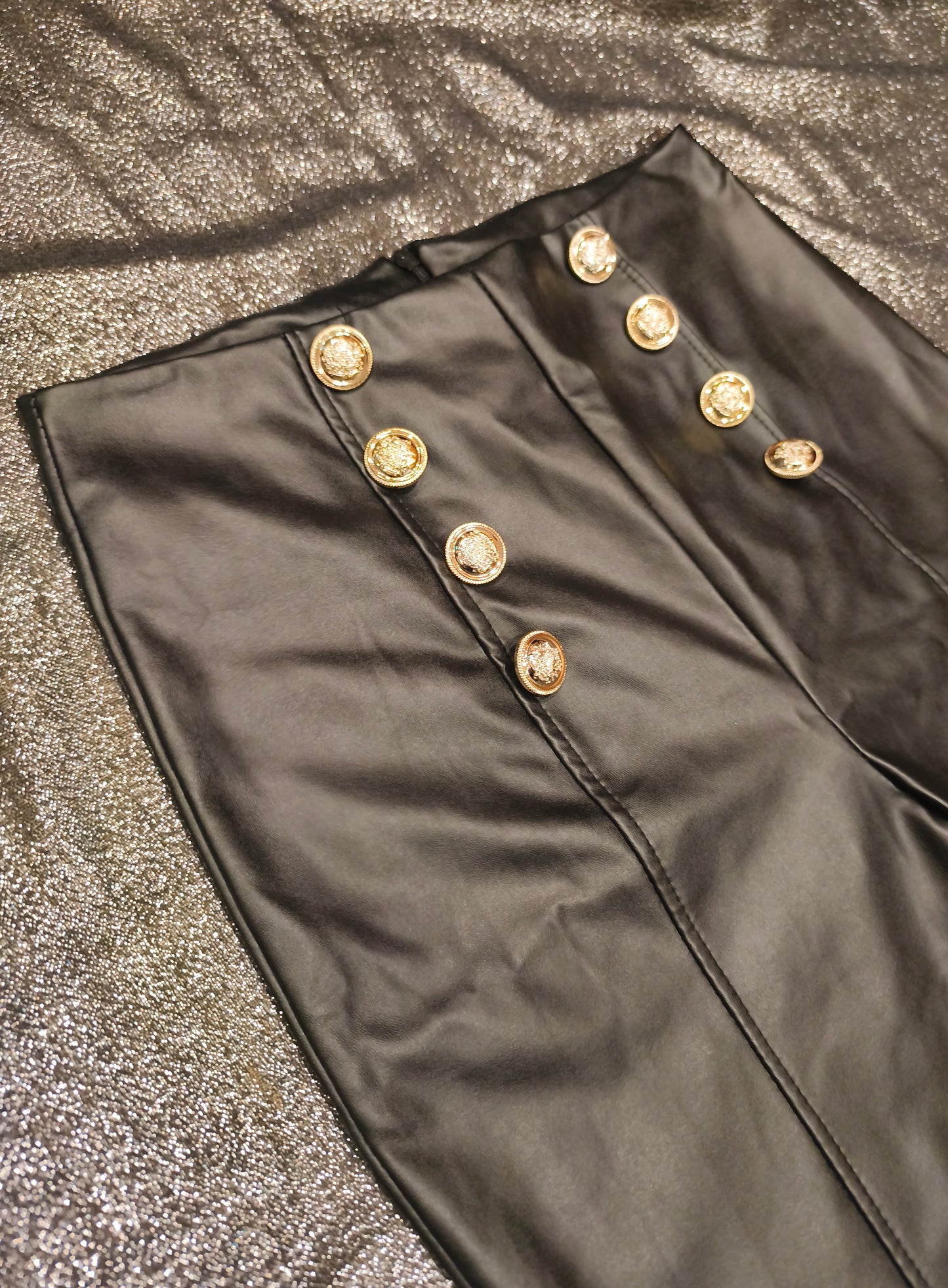 Made in Italy Black Faux Leather High Waisted Sailor Pants Gold Buttons Size M
