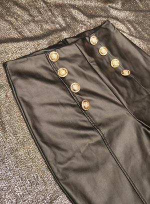 Made in Italy Black Faux Leather High Waisted Sailor Pants Gold Buttons Size M