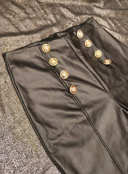 Made in Italy Black Faux Leather High Waisted Sailor Pants Gold Buttons Size M