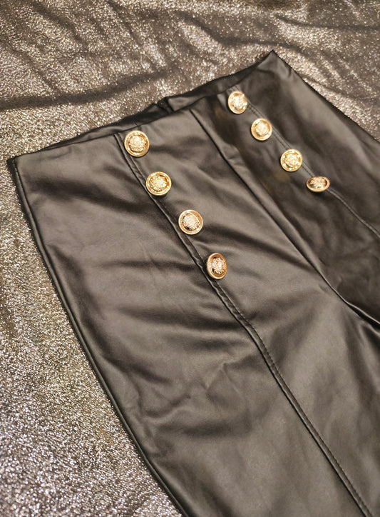Made in Italy Black Faux Leather High Waisted Sailor Pants Gold Buttons Size M