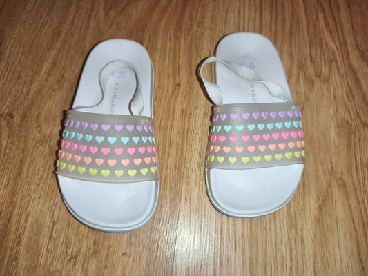 Primark Girls Rainbow Pastel Heart Sliders with Elastic Heel Strap – White (Size EU 24 / UK 7)