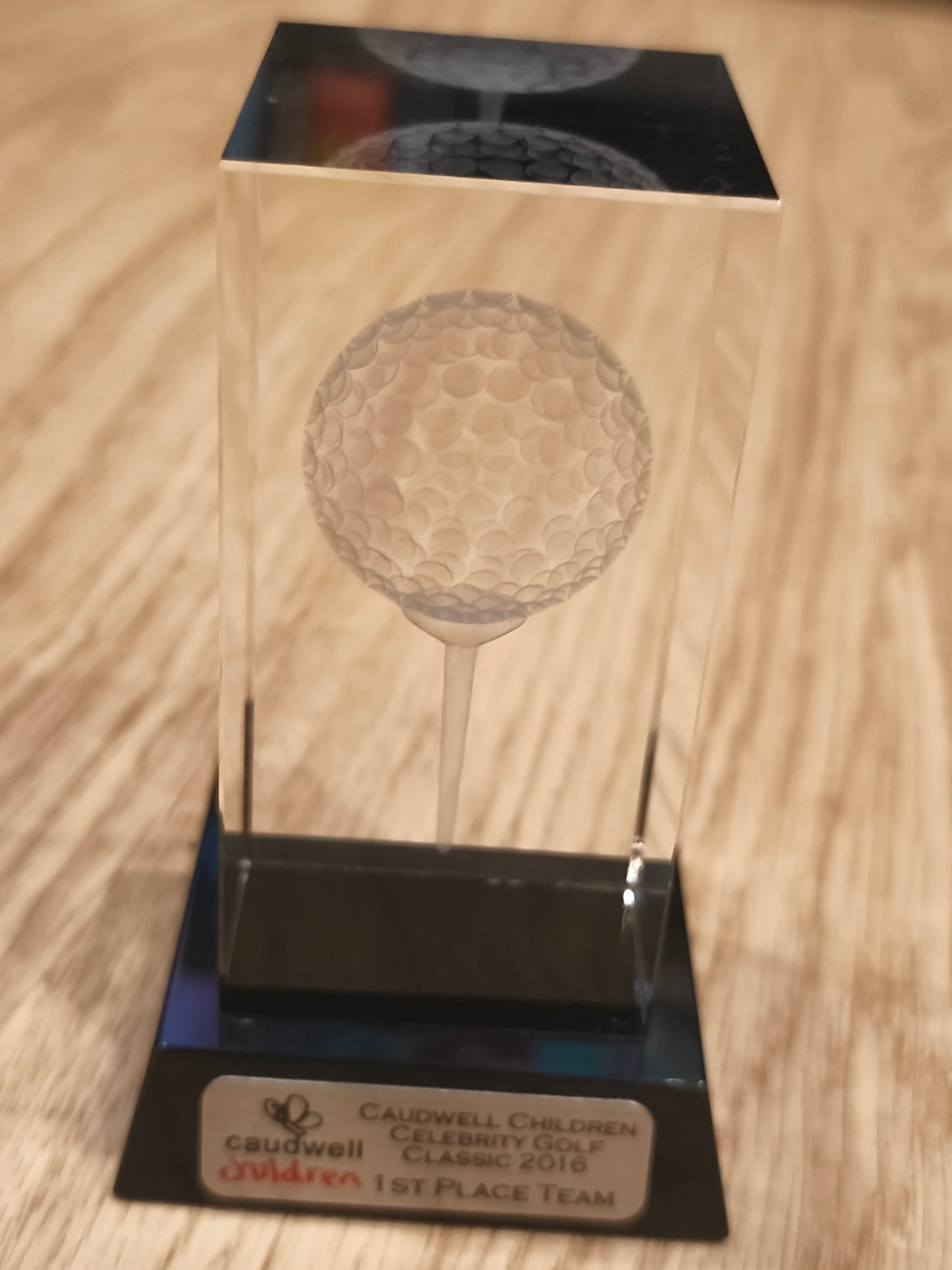 Vintage 3D Laser Etched Crystal Golf Trophy – Caudwell Children Celebrity Golf Classic 2016 1st Place Team Award
