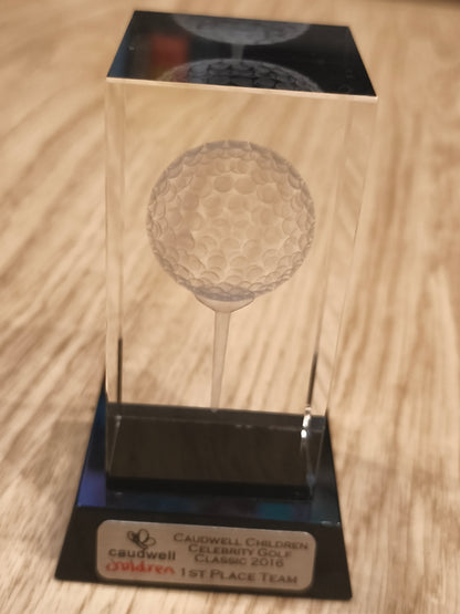 Vintage 3D Laser Etched Crystal Golf Trophy – Caudwell Children Celebrity Golf Classic 2016 1st Place Team Award
