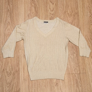 BELOVED WOMAN Gold Metallic Shimmer V-Neck Sweater Size M 3/4 Sleeve Knit Top