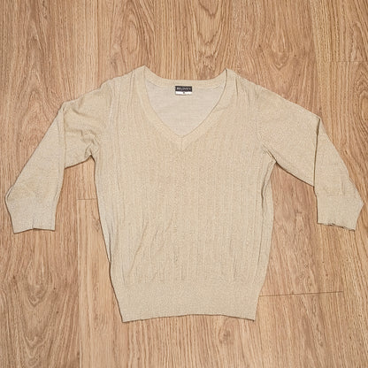 BELOVED WOMAN Gold Metallic Shimmer V-Neck Sweater Size M 3/4 Sleeve Knit Top