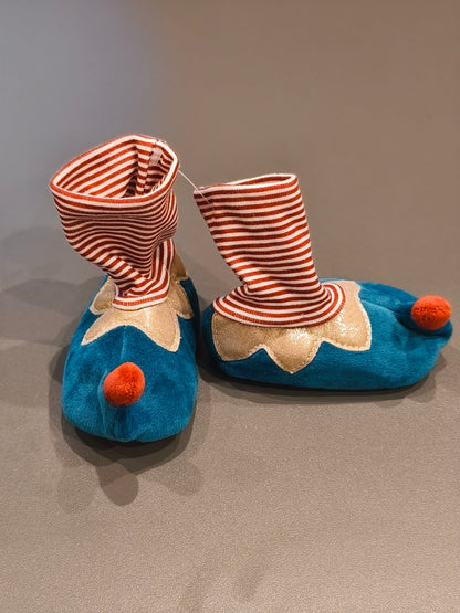 Merry Christmas Baby Elf Soft Booties / Slippers – Plush Blue & Red Gold Trim (Unisex)