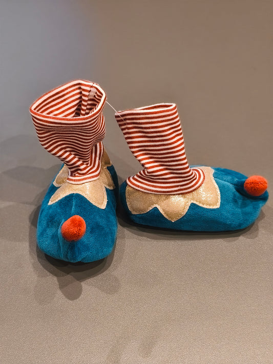 Merry Christmas Baby Elf Soft Booties / Slippers – Plush Blue & Red Gold Trim (Unisex)