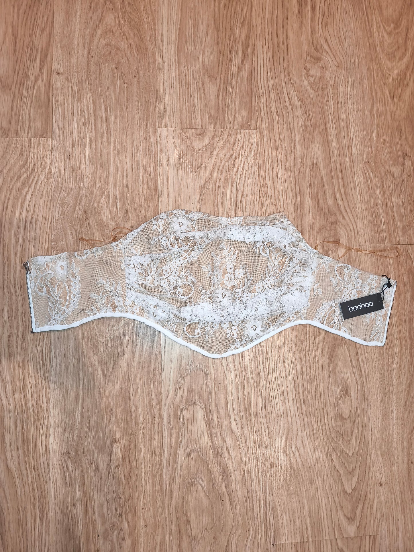 Boohoo Structured Lace Bandeau Corset Top Cream Nude White Size UK 12 EUR 40 BNW
