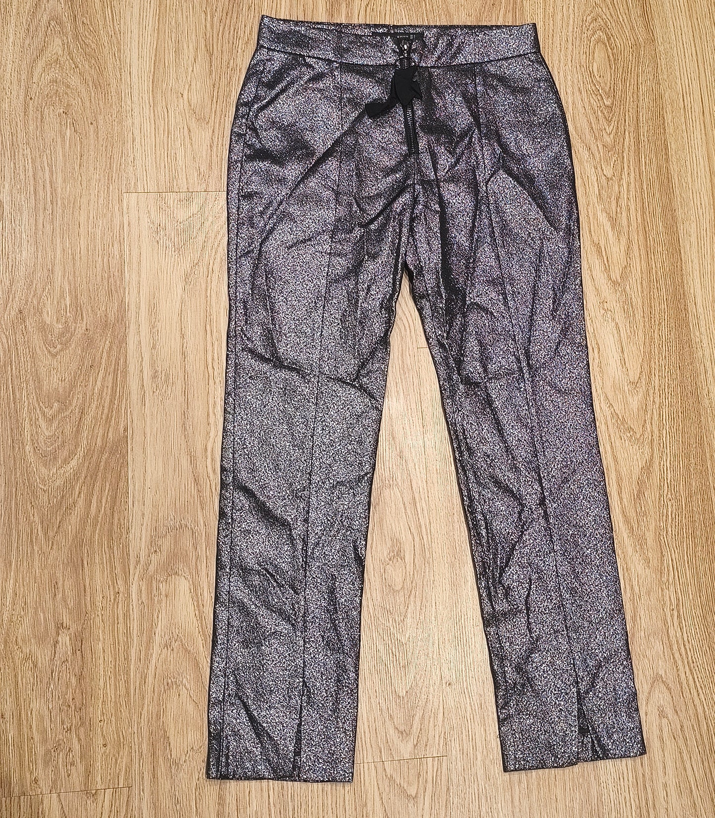 ZARA WOMAN Metallic Silver Sparkle Front Zip Ankle Pants Trousers Women Size M
