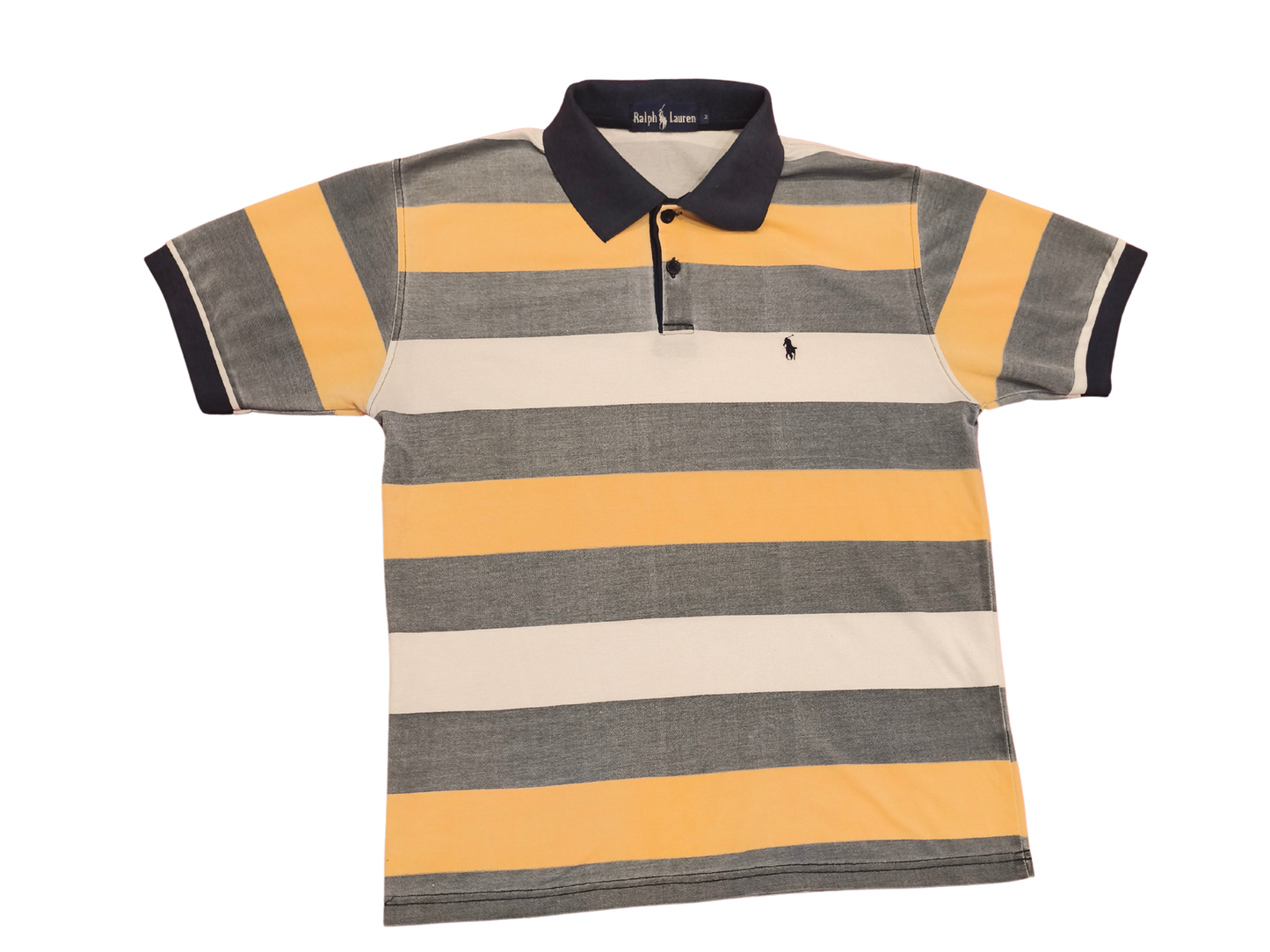Vtg 90s Ralph Lauren Polo Shirt Medium M Striped Rugby Yellow Navy Grey Pique