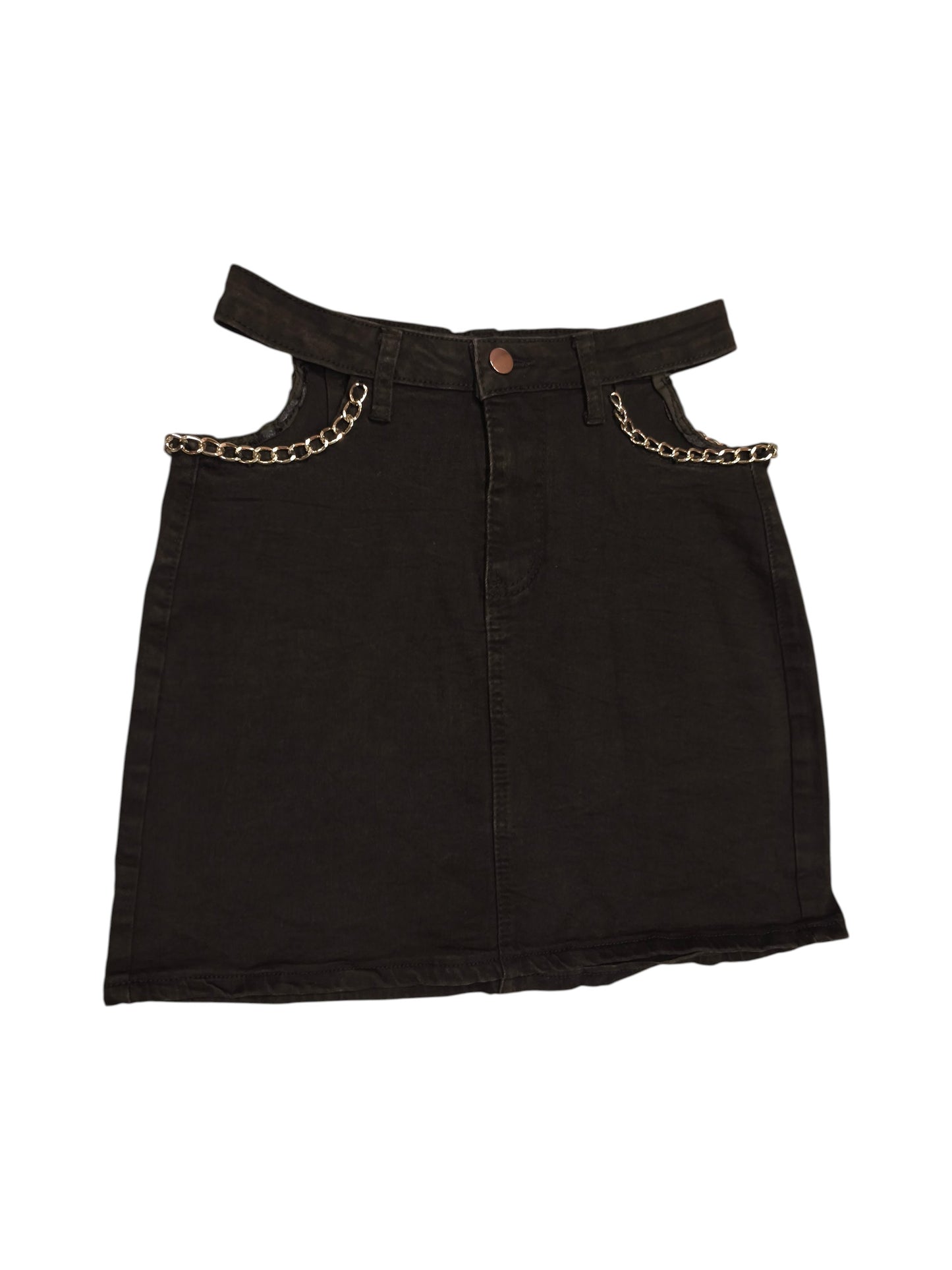 Black Denim-Look Mini Skirt with Hip Cutouts and Silver Chain Detail - Size S