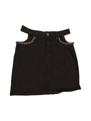 Black Denim-Look Mini Skirt with Hip Cutouts and Silver Chain Detail - Size S