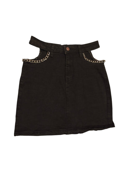 Black Denim-Look Mini Skirt with Hip Cutouts and Silver Chain Detail - Size S