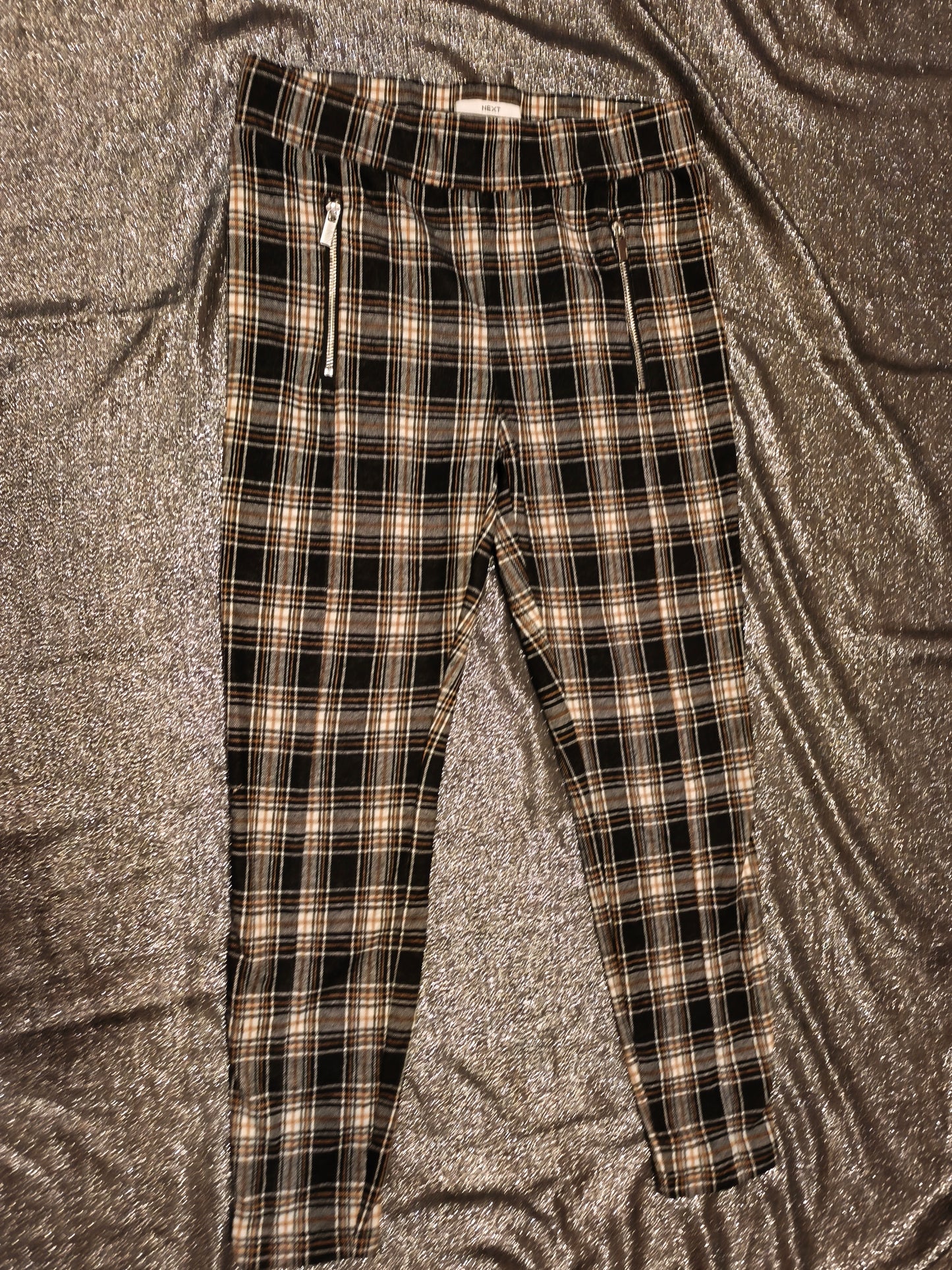 NEXT Women’s Plaid Checked Trousers Size 12R Black Tan White Tapered Zip Detail