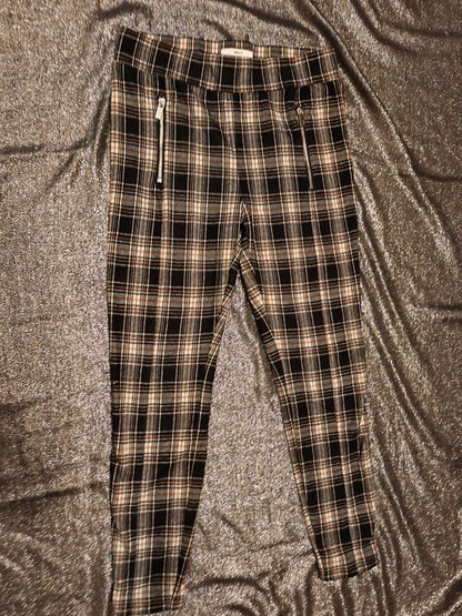 NEXT Women’s Plaid Checked Trousers Size 12R Black Tan White Tapered Zip Detail