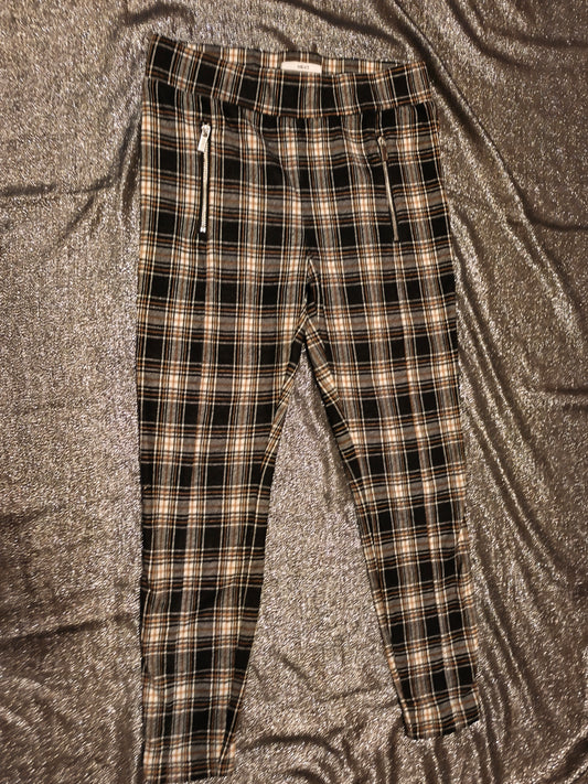 NEXT Women’s Plaid Checked Trousers Size 12R Black Tan White Tapered Zip Detail