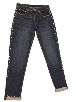 ZARA Trafaluc schmal geschnittene Boyfit-Jeans mit Perlenverzierung, mittelhoher Bund, dunkle Denim-Waschung, Größe 6(US)