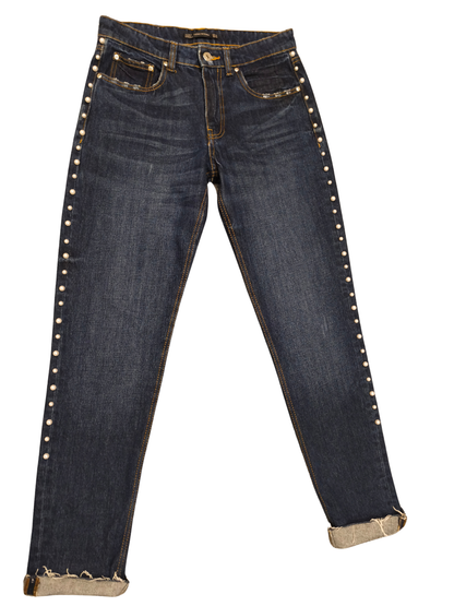 ZARA Trafaluc Pearl Beaded Mid-Rise Slim Boyfit Jeans Dark Wash Denim Size 6(US)