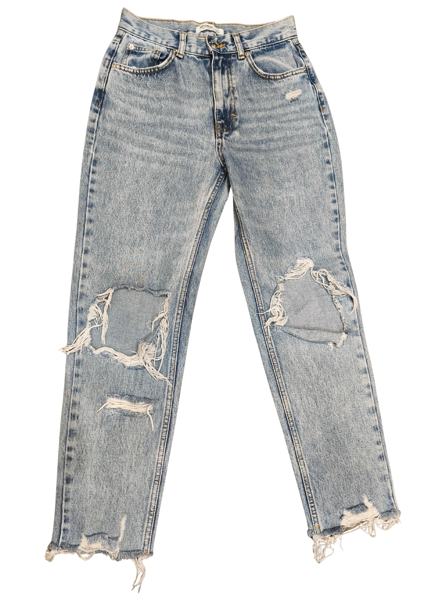 Pull&Bear High Waisted Distressed Mom Jeans Light Wash Blue Size 4 / 36 / 26