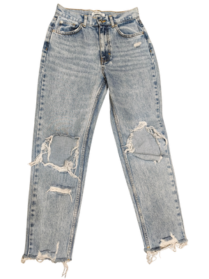 Pull&Bear Mom-Jeans mit hoher Taille und Used-Optik, hellblau verwaschen, Größe 4 / 36 / 26