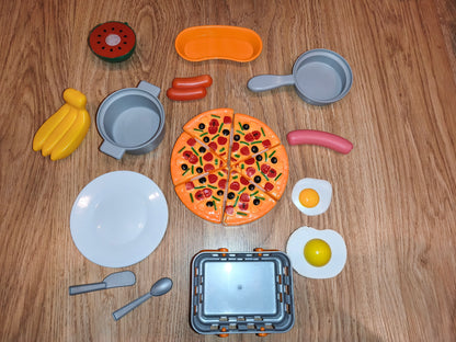 Kids Pretend Play Kitchen Food Set | Pizza, Cooking Pots & Accessories | 15+ Pieces