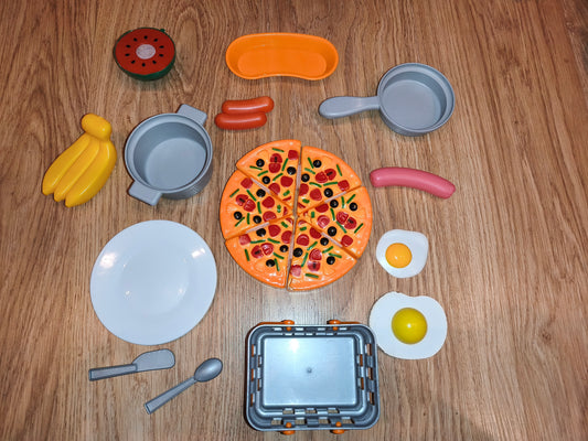 Kids Pretend Play Kitchen Food Set | Pizza, Cooking Pots & Accessories | 15+ Pieces