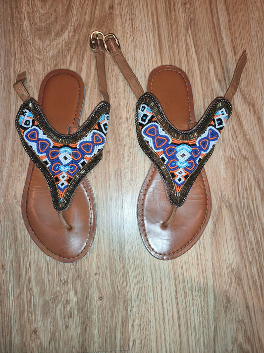 Women's Boho Vibrant Beaded Ankle-Strap Flat Sandals – Brown / Multicolor (Size EU 38 / UK 5)
