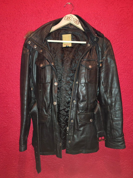 AVIATRIX Genuine Black Leather Belted Utility Jacket Fur Hood | Women's Size XL