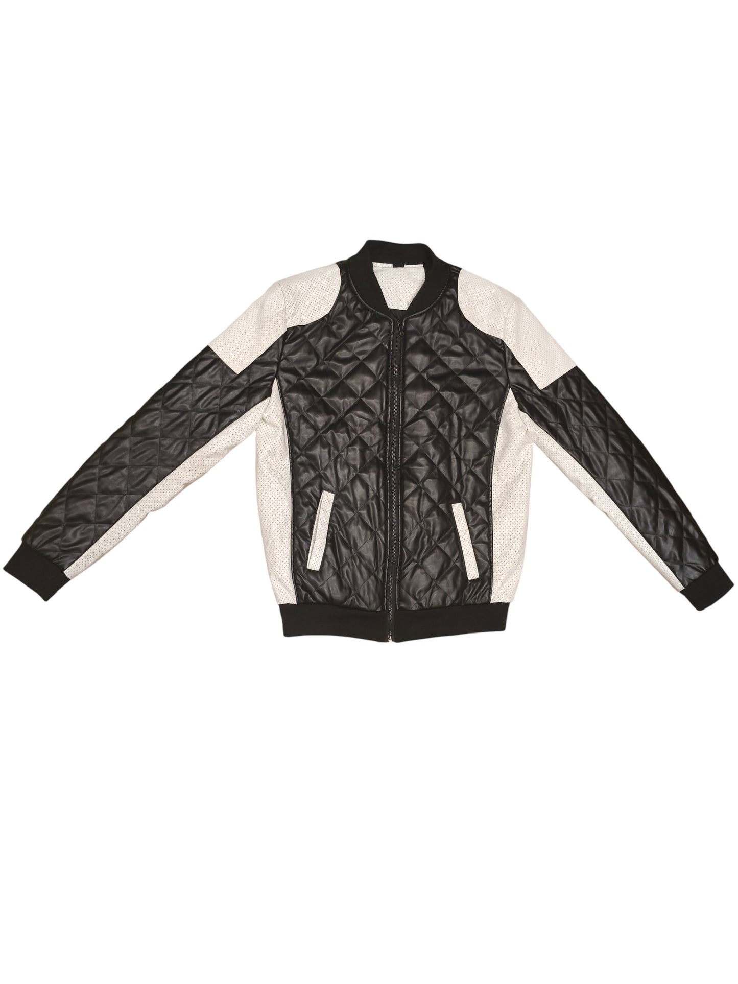 AOWOFS Men's Faux Leather Bomber Jacket - Quilted Moto Style - Black & White - M