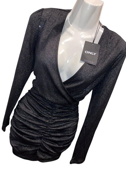 ONLY New Pella Wrap Foil Dress XL Gunmetal Silver Metallic Long SleeveRuchedMini
