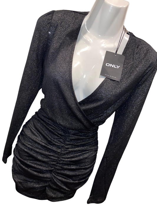 ONLY New Pella Wrap Foil Dress XL Gunmetal Silver Metallic Long SleeveRuchedMini
