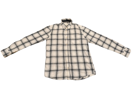 Tom Tailor Men's Flannel Shirt Size S Regular Fit White Blue Plaid Long Sleeve