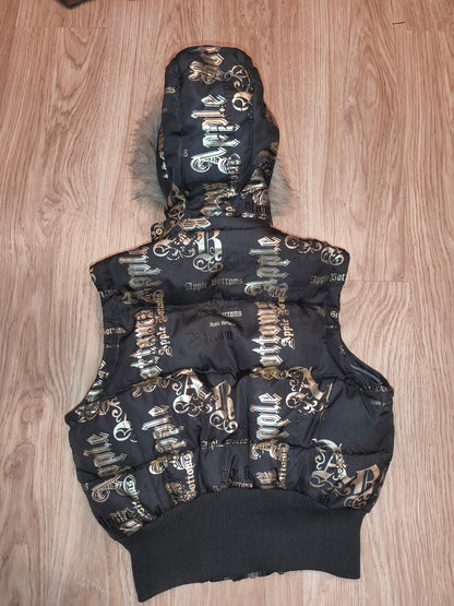 Rare VTG Apple Bottoms Real Down Puffer Vest Black Gold Satin McBling Hooded M