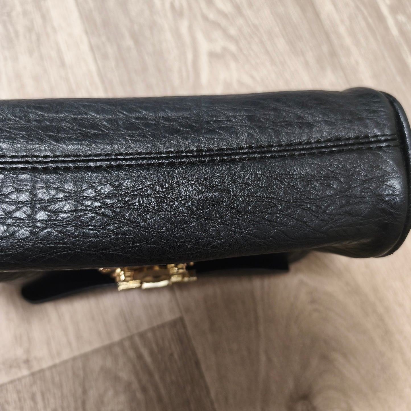 Black Textured Faux Leather Flap Crossbody Shoulder Bag Gold Hardware Lock