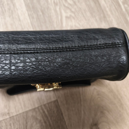 Black Textured Faux Leather Flap Crossbody Shoulder Bag Gold Hardware Lock