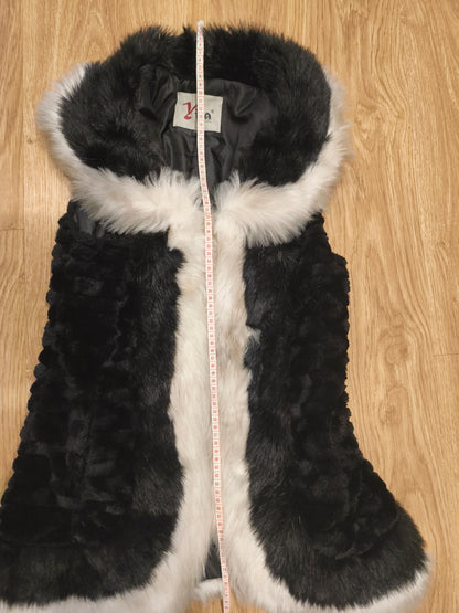Vira Luxury Hooded Faux Fur Vest – Black & White Contrast Gilet (Size XL, Fits M/L)