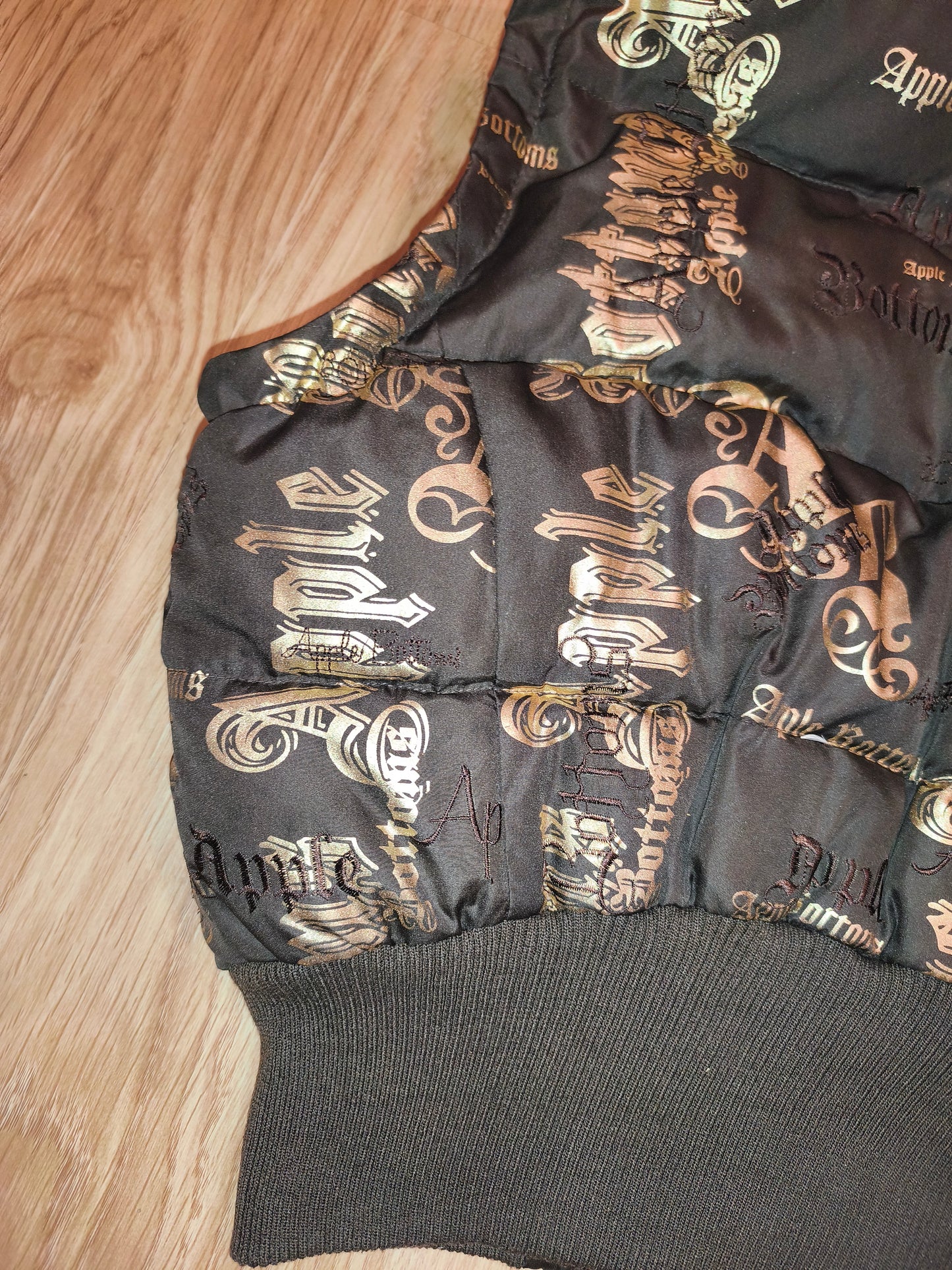 Rare VTG Apple Bottoms Real Down Puffer Vest Black Gold Satin McBling Hooded M