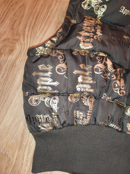 Rare VTG Apple Bottoms Real Down Puffer Vest Black Gold Satin McBling Hooded M