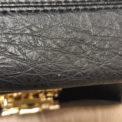 Black Textured Faux Leather Flap Crossbody Shoulder Bag Gold Hardware Lock