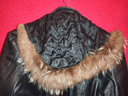 AVIATRIX Genuine Black Leather Belted Utility Jacket Fur Hood | Women's Size XL