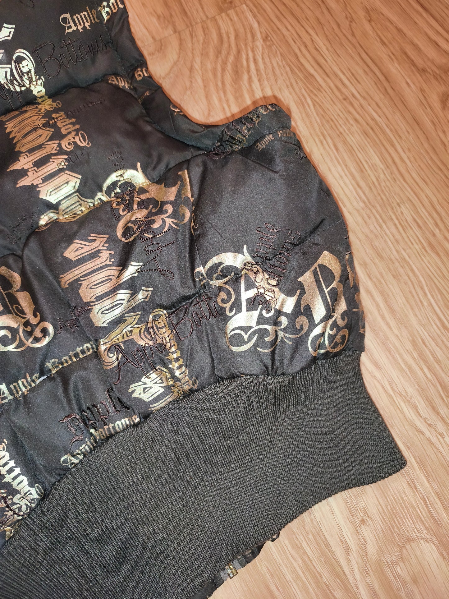Rare VTG Apple Bottoms Real Down Puffer Vest Black Gold Satin McBling Hooded M