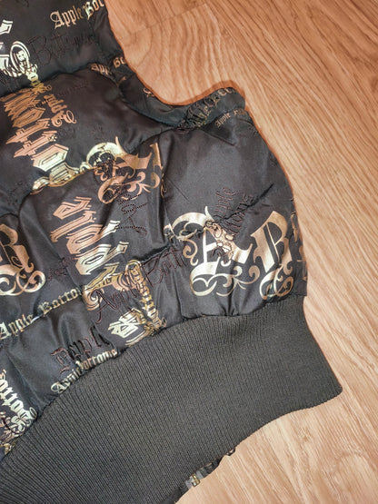 Rare VTG Apple Bottoms Real Down Puffer Vest Black Gold Satin McBling Hooded M