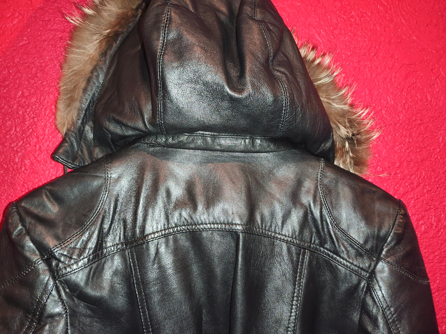 AVIATRIX Genuine Black Leather Belted Utility Jacket Fur Hood | Women's Size XL