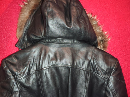 AVIATRIX Genuine Black Leather Belted Utility Jacket Fur Hood | Women's Size XL