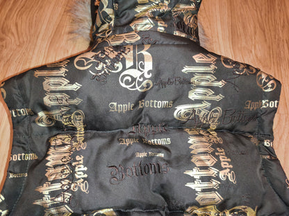 Rare VTG Apple Bottoms Real Down Puffer Vest Black Gold Satin McBling Hooded M