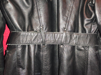 AVIATRIX Genuine Black Leather Belted Utility Jacket Fur Hood | Women's Size XL